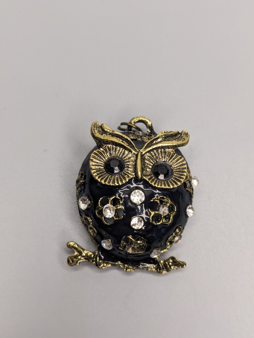 Vintage Bronze Enamel Owl Pendant Hollow Two Piece Boho Collectible Jewelry 70s